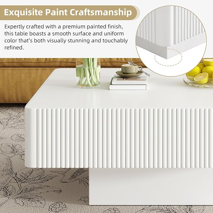 31.6 Inch Square Drum Coffee Table, Modern Handcraft Fluted Drum Coffee Table, Wooden Square Center Table Cocktail Table with Stable Pedestal for Living Room Apartment (White)