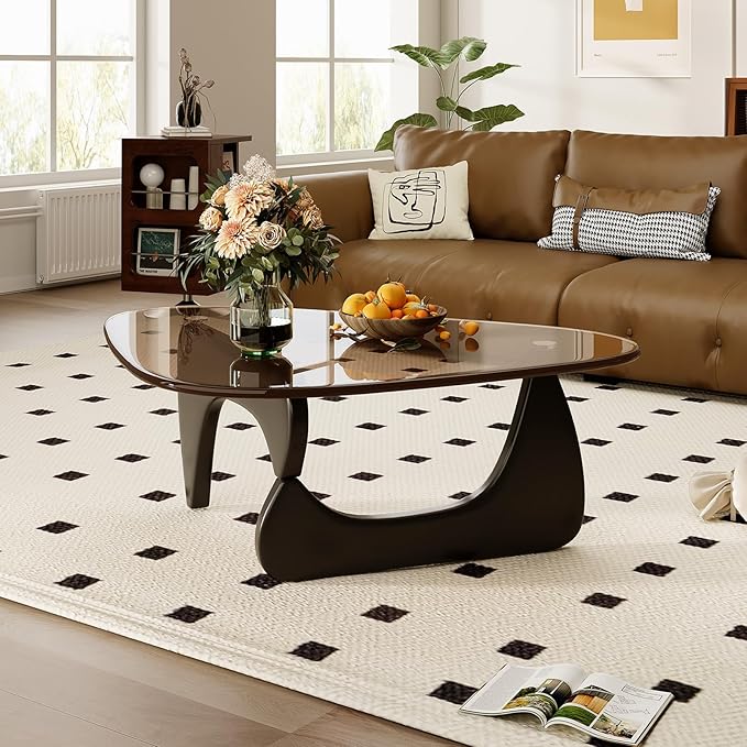 Coffee Table for Living Room Mid Century Modern Center Table with Glass Top and Wood, Black Brown