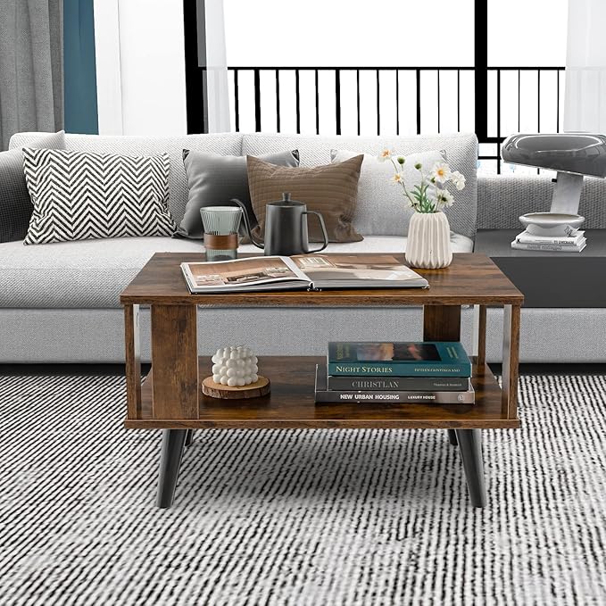 Giantex Small Wood Coffee Table, 2-Tier Tea Table w/Open Storage Shelf & Supportive Legs, Easy Assembly, Mid-Century Center Table for Living Room, Reception Room