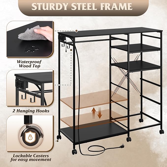 WLIVE Black Dresser with Hanging Rack for Bedroom, 3 Drawer Dresser with LED Lights & Charging Station, Fabric Dressers & Chest of Drawers, Storage Organizer with Open Shelves for Living Room