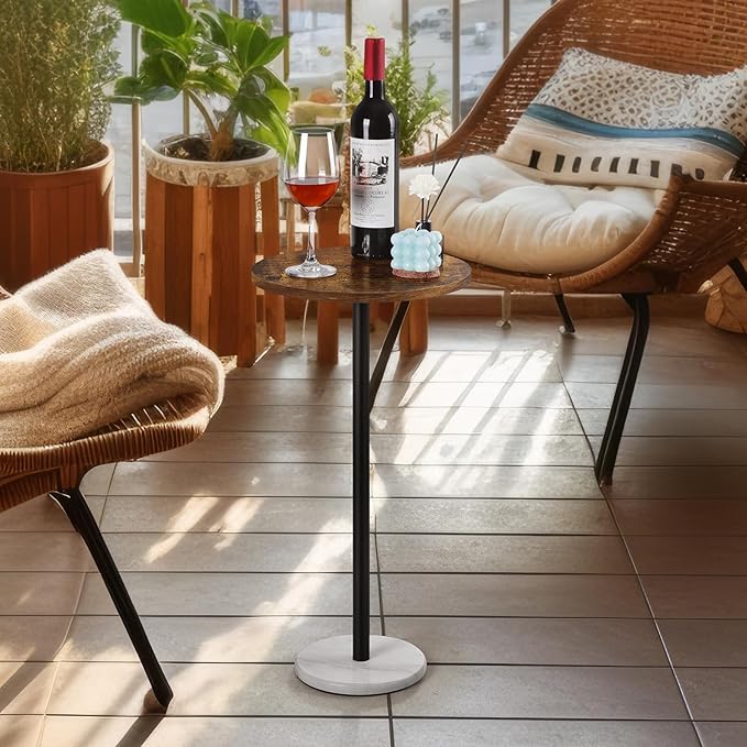 smusei Small Side Table for Small Spaces Round Bar Table with Marble Base Round End Table Drink Table Pedestal for Sofa Couch Chair Patio, Brown