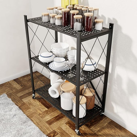3 Tier Foldable Storage Shelf with Wheels, Heavy Duty Garage Shelving Unit Loads 550 LBS, Metal Steel Collapsible Shelves, Rolling Standing Utility Rack for Kitchen, Pantry, Office, Black