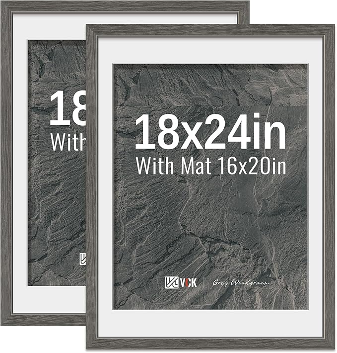 VCK 18x24 Poster Frame 2 Pack - Grey, High-End Wood Picture Frames with Polished Plexiglass, Display 16x20 Photo with Mat or 18x24 without Mat, Art Gallery-Quality, Wall Hanging, Grey