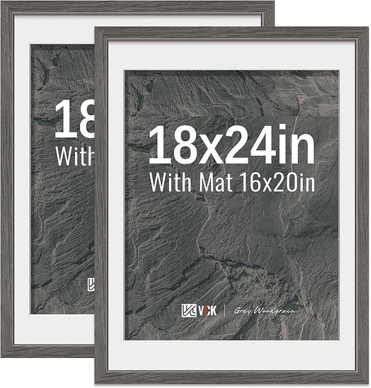 VCK 18x24 Poster Frame 2 Pack - Grey, High-End Wood Picture Frames with Polished Plexiglass, Display 16x20 Photo with Mat or 18x24 without Mat, Art Gallery-Quality, Wall Hanging, Grey