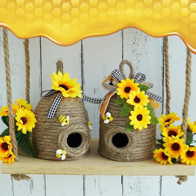 Bigger Bee Hive Decor,2 Pack Bumble Bee Rustic Decor,Natural Bee House, Bumble Bee Theme Party Decor Spring Summer Rustic Farmhouse Kitchecn Table Decor, Honeybee Tiered Tray Decor