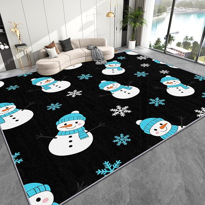 Snowman Rug Blue - 5x8 Rug, Snowflake Living Room Rugs, Snowman Bedroom Rugs, Kids Cartoon Xmas Carpet, Christmas Home Decor & Gifts