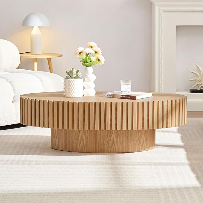 Oval Coffee Table, 43.7" Modern Coffee Table Wood Side Table Accent End Table Center Table with Sturdy Pedestal for Living Room Bedroom Apartment, Oak