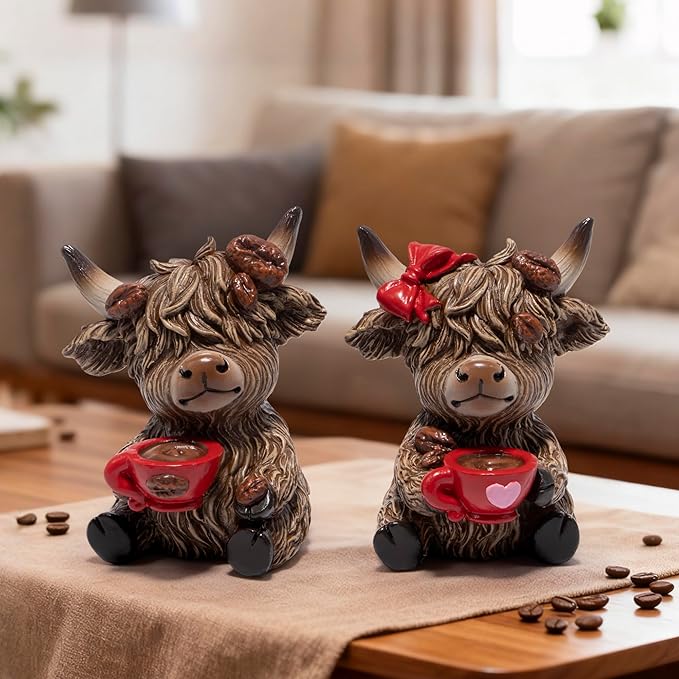 Hodao Christmas Highland Cow Coffee Resin Figurines,Xmas Farmhouse Decor for Tiered Tray, Tabletop, Mantel, Gift for Xmas Home Decoration