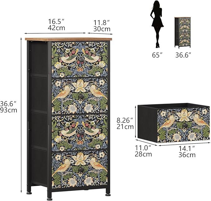 Dresser for Bedroom with 4 Drawer Strawberry Thief Dresser Vintage Storage Tower Unit Nightstand for Living Room Hallway Kids Room Closet Sturdy Steel Frame Wooden Top, Brown