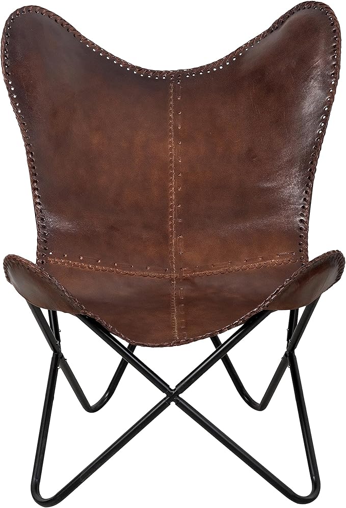 Vintage Brown Leather & Arm Butterfly Chair | Genuine Tan Leather Butterfly Chair Home Decor | Handmade Chair Presented by Presented by Shy Shy Let's The Sky