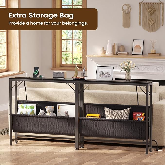 31.5'' Small Console Table with Charging Station and Storage, Entryway Table Narrow with Power Outlets and USB Ports, Skinny Sofa Table, for Living Room, Foyer, Entryway, Hallway, Black