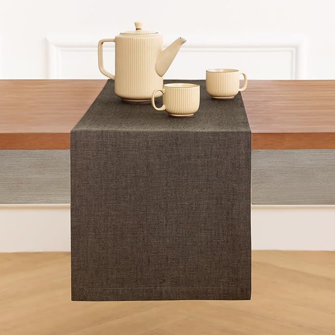 Solino Home Linen Table Runner 72 Inches Long - Athena, 100% Pure Linen Chambray Brown Dining Table Runner 14 x 72 Inch for Fall, Autumn, Thanksgiving - Handcrafted and Machine Washable