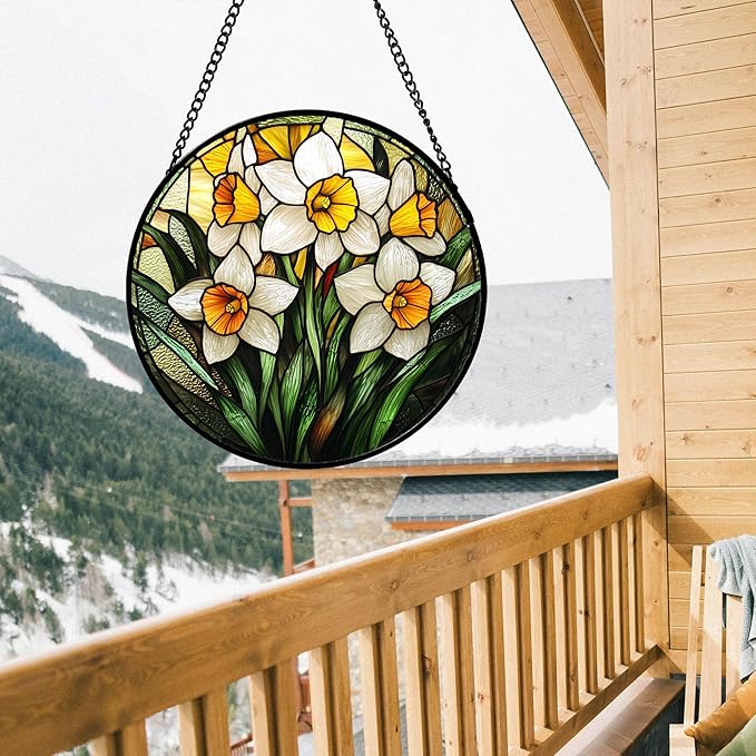 Stained Glass Window Hanging, Yellow and White Daffodils Sun Catcher for Door Home Decor Plants Flowers Suncatcher Christmas Mother's Day Birthday Gifts for Women Men Mom Nana 11.8 in