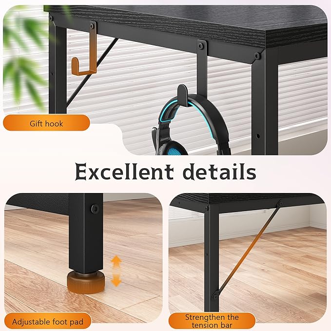 Gaming Desk with Printer Shelf & Storage Shelves,48.1 Inch Computer Desk with LED Lights & Power Outlet,Office Desk with Headphone Hook,Reversible Corner Desk for Bedroom,Black