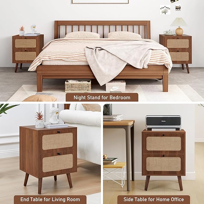 16" Wood Nightstand Set of 2, Farmhouse End Table with 2 Storage Drawer, Mid-Century Modern Bedside Table with Linen Decor, Minimalist Night Stand for Living Room, Bedroom & Small Space (Walnut)