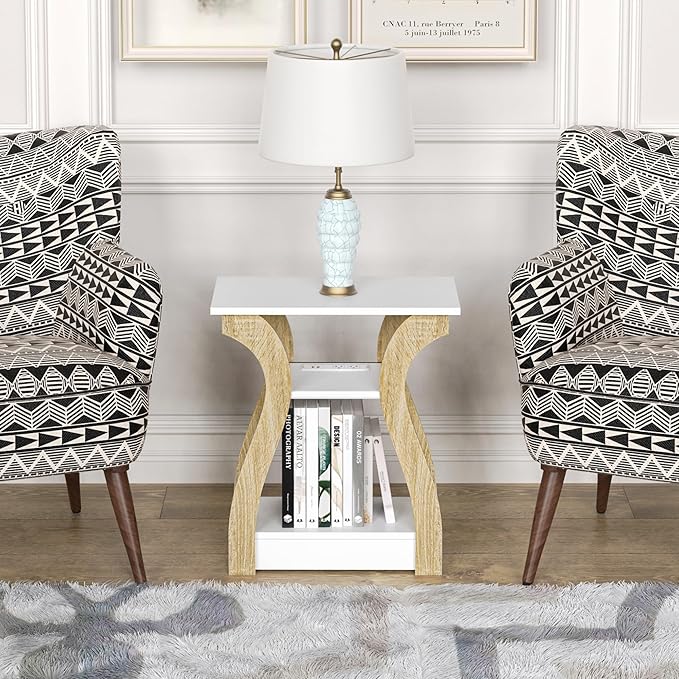 End Table with Charging Station, Side Table with USB Ports and Outlets, 3 Tier Nightstand Sofa Table for Small Spaces, Beside Table with Storage Shelf for Living Room, Bedroom