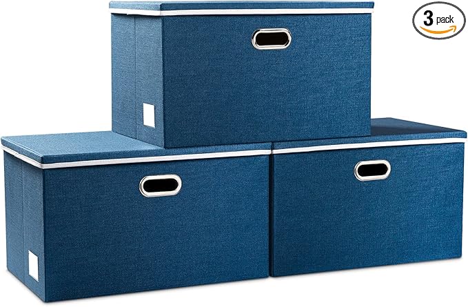 PRANDOM Extra Large Collapsible Storage Bins with Lids [3-Pack] Linen Fabric Foldable Storage Baskets Boxes Organizer Containers Cube with Cover for Bedroom Closet Office Nursery (22.8x15.75x13.8)