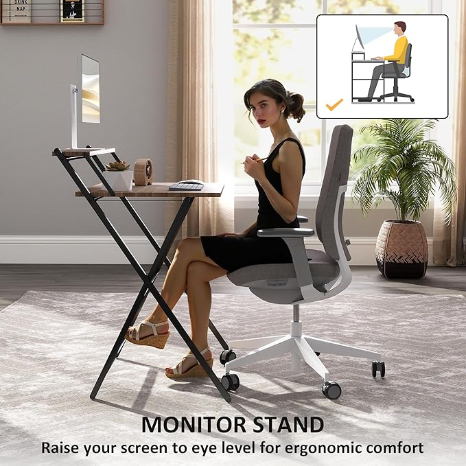 HOMCOM Small Folding Desk, 27.6 Inch Foldable Computer Desk with Monitor Shelf, Space Saving Portable Writing Table for Small Spaces, Home Office, Study, Easy Assembly, Walnut