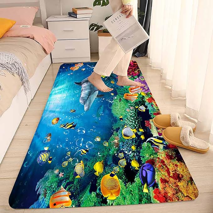 Bath Rugs Sponge Foam Absorbent Soft for Bathroom and Kitchen (47x18 inches),Flannel Mat Non Slip Bright 3D Print for Bedside and Living Room(Dolphin Coral Fish School)