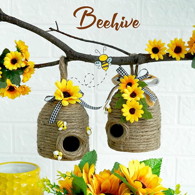 Bigger Bee Hive Decor,2 Pack Bumble Bee Rustic Decor,Natural Bee House, Bumble Bee Theme Party Decor Spring Summer Rustic Farmhouse Kitchecn Table Decor, Honeybee Tiered Tray Decor