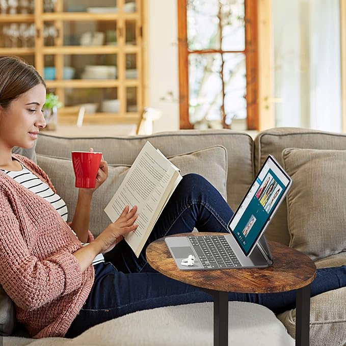 Hosfais Side Table Small End Table, C-Shaped Wood Sofa Table with Metal Frame for Living Room, Bedroom, Small Spaces (Rustic Brown)