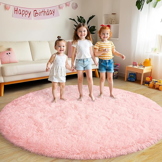Round Fluffy Rugs 6Ft for Girls Bedroom, Pink Shag Circle Kids Rug Non-Slip for Bedside Dorm Nursery Playroom, Soft Cute Area Rugs for Living Room Decor