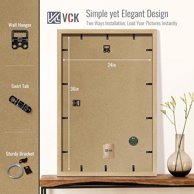VCK 24x36 Poster Frame 2 Pack - Natural Oak, High-End Wood Picture Frames with Polished Plexiglass, Display 20x30 Photo with Mat or 24x36 without Mat, Art Gallery-Quality, Wall Hanging, Natural Oak