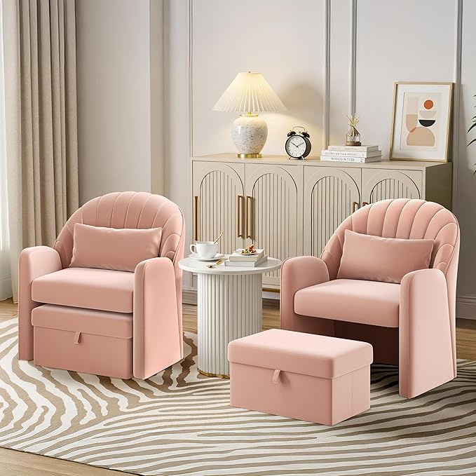Yaheetech Small Accent Barrel Chairs for Living Room Set of 2, Velvet Cute Reading Corner Chair with Storage Footrest Lumbar Pillow for Bedroom Small Space Pink