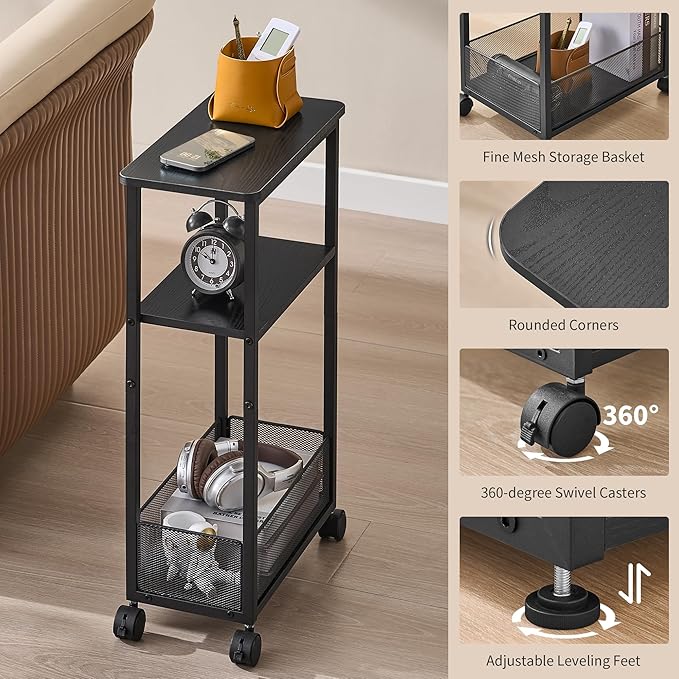 Side Table with Wheels of 2, Narrow Side Table with 3-Layer Storage Shelves, Slim Nightstand, Metal Frame, for Small Spaces, Living Room, Bedroom, 7.9" W x 15.7" D x 25.2" H, Black