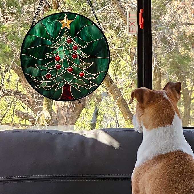 Stained Glass Window Hanging 4 Pcs Set Red Christmas Stockings and Gingerbread 6.3" - Suncatcher Door Garden Sun Catcher Decor Birthday Mother's Day Xmas Gifts for Mom Woman Nana Men