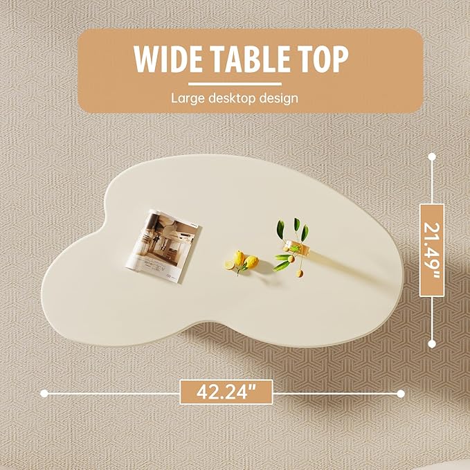 42.24" Cloud Shaped Coffee Table, Unique Style Center Table, Small End Table, Modern Irregular Coffee Table with 3 Legs for Small Space, Living Room, Easy Assembly, Cream White