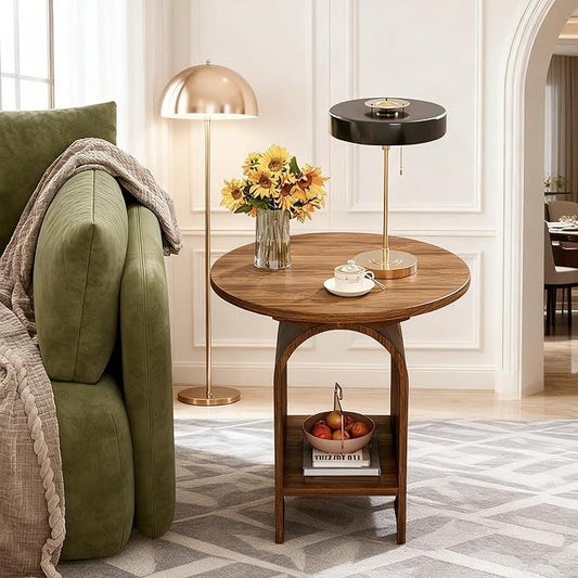 Modern Round Wooden Side Table Set of 2, Small Decorative Coffee Table Vintage Nightstand with Lower Open Shelf for Living Room, Bedroom Or Small Space, Walnut X2