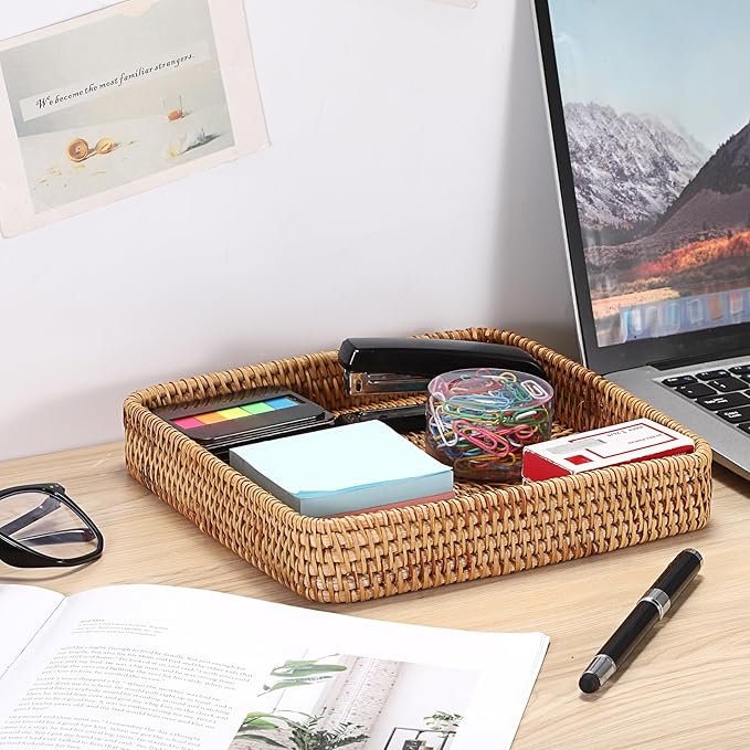 BTSKY Small Remote Basket for Coffee Table Entryway Living Room Rattan Serving Tray 8.1” x 8.1” Handwoven Wicker Baskets Decorative Tray for Wallet Remote Control Trinkets Rings Cosmetics Crackers