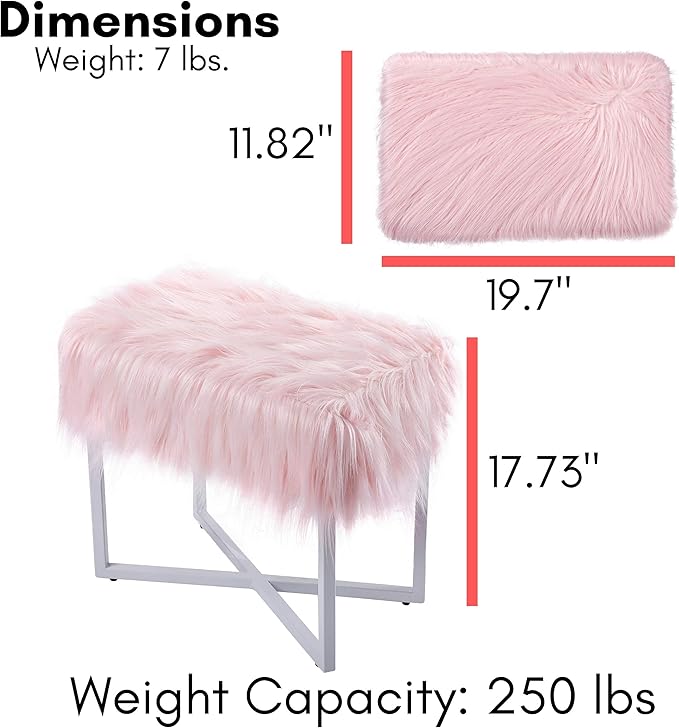 BIRDROCK HOME Rectangular Faux Fur Vanity Stool Ottoman w/White Metal Legs - Small Fluffy Makeup Seat - Cute Foot Rest for Bedroom, Desk, or Dressing Table - Compact Chair for Girls Dorm Room - Pink