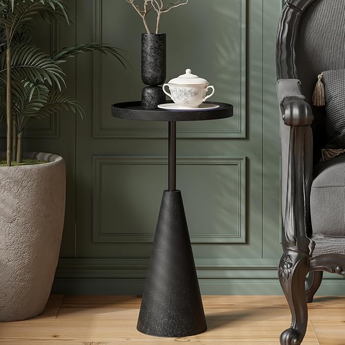 COZAYH Modern Round End Table with Raised Edge Tray Top, Wooden Pedestal Side Table with Rubber Wood Base for Living Room, Entryway, Office (Black)