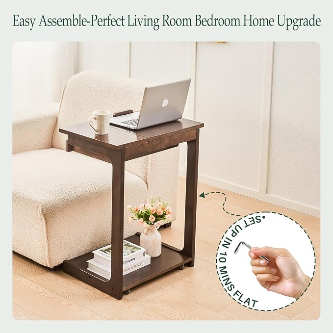 Wood Side Table for Couch - C Shaped Rolling End Table with Wheels Drawer, Wooden Modern Tv Tray Bedside Tables for Sofa Armchair Living Room Bedroom, Black Walnut, 15.4 in x 23.6 in x 24.8 in