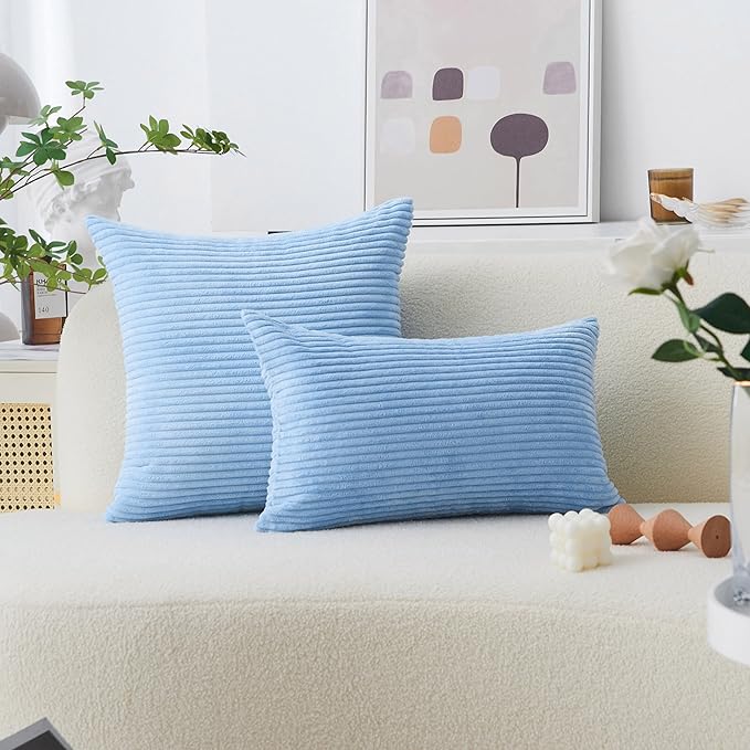 Home Brilliant Blue Throw Pillow Covers Striped Velvet Couch Pillow Cushion Covers Set of 2 Large Pillows Covers for Couch Bench Sofa Bedroom, 55 x 55cm, 22 x 22 Inch, Baby Boy Blue