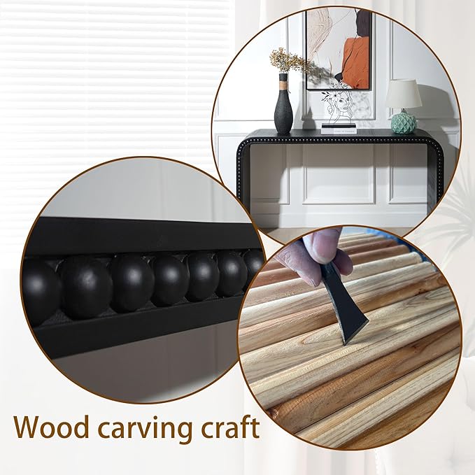 59" Wood Black Console Table with Wood Beads, for Entryway, Hallway, Living Room, Foyer, Corridor, Office, Modern Curved Waterfall-Style