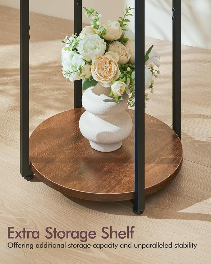 Round Side Table, Small End Table with Storage Shelf, Accent Table for Living Room, Bedroom and Small Spaces, Metal Frame, Rustic Brown & Black, 15.75" Dia x 25.4" H