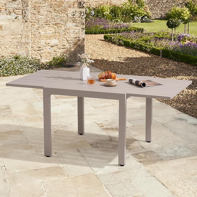 Soleil Jardin Aluminum Patio Extendable Dining Table, 35" - 71", Adjustable Indoor Outdoor Furniture Rectangle Table for 4-6 Person Porch Deck Garden, Flaxen