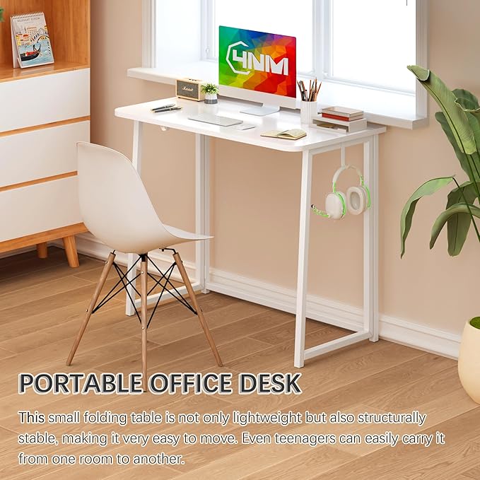 4NM 31.5" Small Folding Desk, Foldable Computer Home Office Desk, Study Writing Table for Small Space Saving Bedroom, Easy Assembly - All White