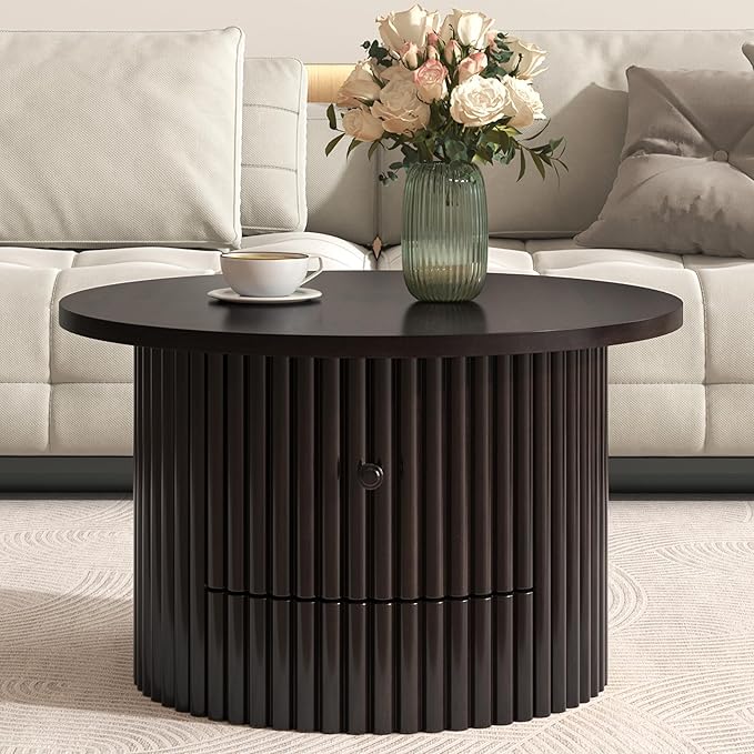 Harper & Bright Designs Round Coffee Table for Living Room in Dark Brown, Farmhouse Coffee Table with a Drawer, Center Table with Vertical Slat Base in 30.5"