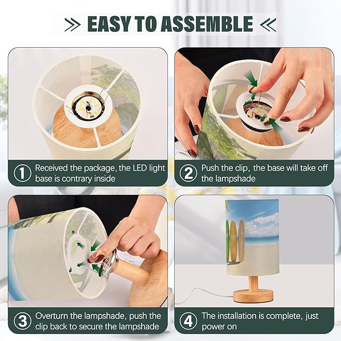 Table Lamp Surfboard Palm Tree Tropical Ocean Beach Nightstand Lamp with Wood Base Fabric Lamp Shade Bedside Desk Lamp for Living Room Bedroom Kids Room Office