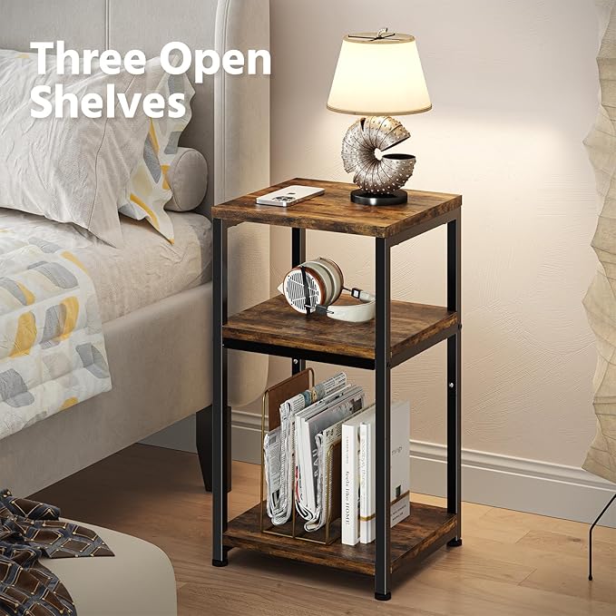 Simple Trending 3 Tier End Table, Side Table Sofa Couch Table for Living Room, Night Stand Storage Shelf, Rustic Brown