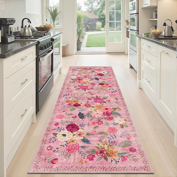 Pink Rug for Hallways Kitchen Rug 2x6, Non Slip Washable Rugs with Rubber Backing Soft Floral Carpet Runner for Hallways, Kitchen, Laundry, Bedroom, Bathroom (2 x 6, Pink Lawn)