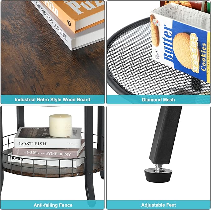 X-cosrack Round Side Table, Industrial Retro End Table with Storage,Coffee Snack Table for Living Room, Bedroom,Kitchen,Office,Stable Wood and Metal Frame,Rustic Brown