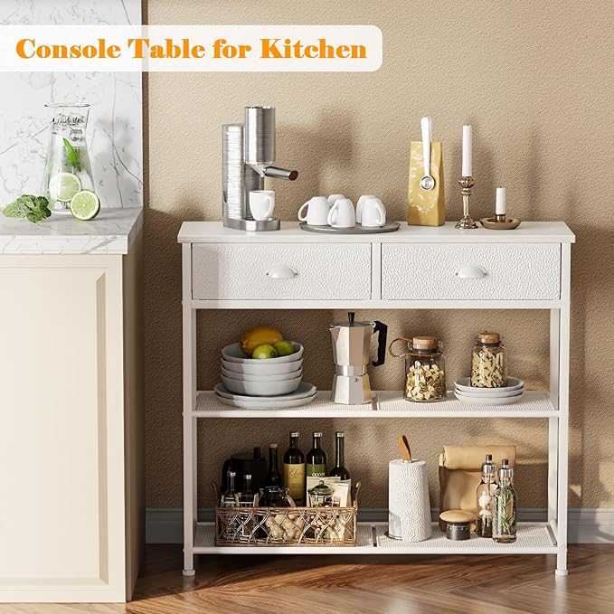 Furologee 30'' Entryway Table, White Console Table with Storage, Narrow Sofa Table with 2 Drawers and 2 Shelves for Hallway, Living Room, Bedroom, Foyer, Couch, Tv