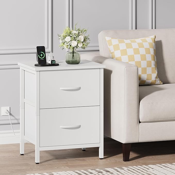 Vagusicc Nightstand Set of 2 with Charging Station, End Table Bedside Table with Power Outlet & USB Ports, Side Table with 2 Fabric Drawers for Bedroom, Living Room, White