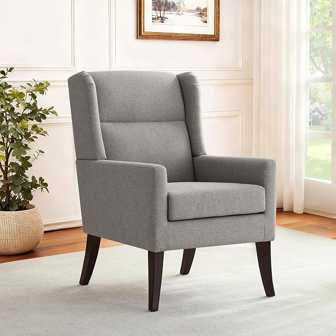 High Back Living Room Chairs, Fabric Accent Chair, Comfy Upholstered Armchair with Wooden Legs for Living Room, Bedroom, Apartment (1, Grey)