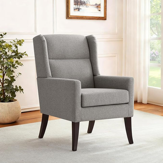 High Back Living Room Chairs, Fabric Accent Chair, Comfy Upholstered Armchair with Wooden Legs for Living Room, Bedroom, Apartment (1, Grey)